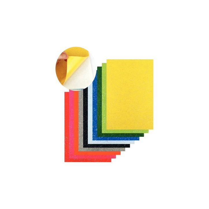 Paquet de 10 coupons de feutrine adhésive format 20 x 30 cm, coloris assortis pailletés L187964