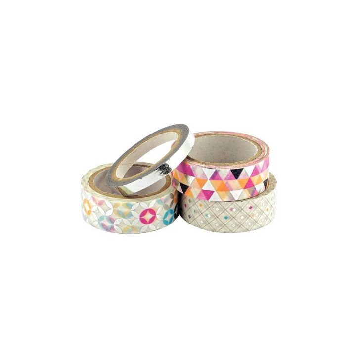 Lot de 4 rubans adhésifs métallisés argenté motifs tendance 26417