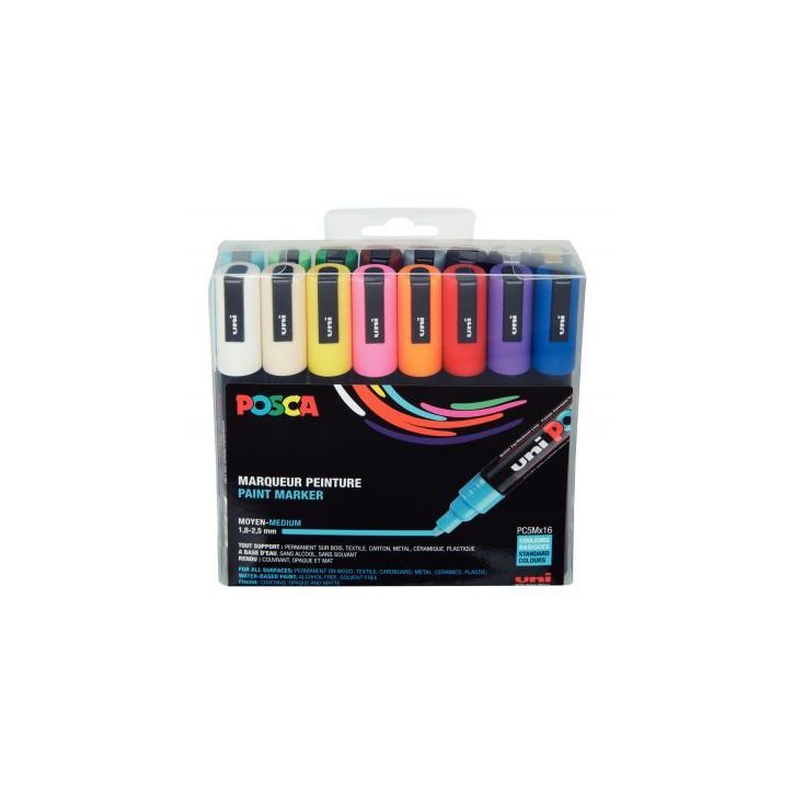 Pochette de 16 marqueurs pointe moyenne conique 2,5 mm couleurs assorties PC5M/16A ASS22 POSCA UNIBALL