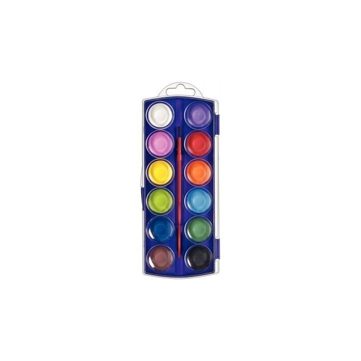Boîte de 12 pastilles de gouache 30 mm couleurs assorties + 1 pinceau APN450092 JPC