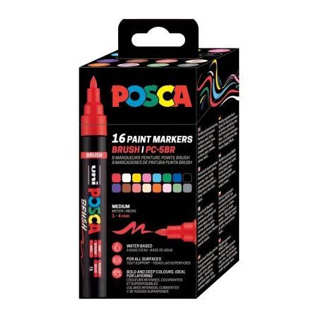 Achetez Boîte de 16 marqueurs Posca pointe moyenne brush assortis PC5BR/16 PF POSCA UNIBALL pas che..