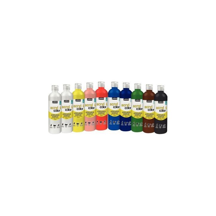 Carton 10 flacons 500 ml de peinture acrylique brillante ACRYLCOLOR couleurs standards 364690 ACRYLCOLOR PEBEO