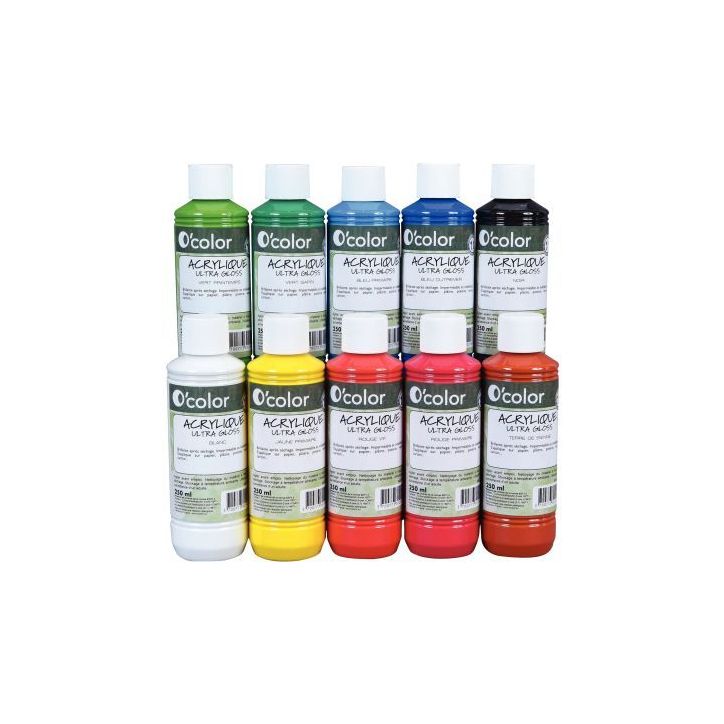 Lot de 10 flacons 250 ml de peinture acrylique O'COLOR, couleurs assorties 1582 O'COLOR