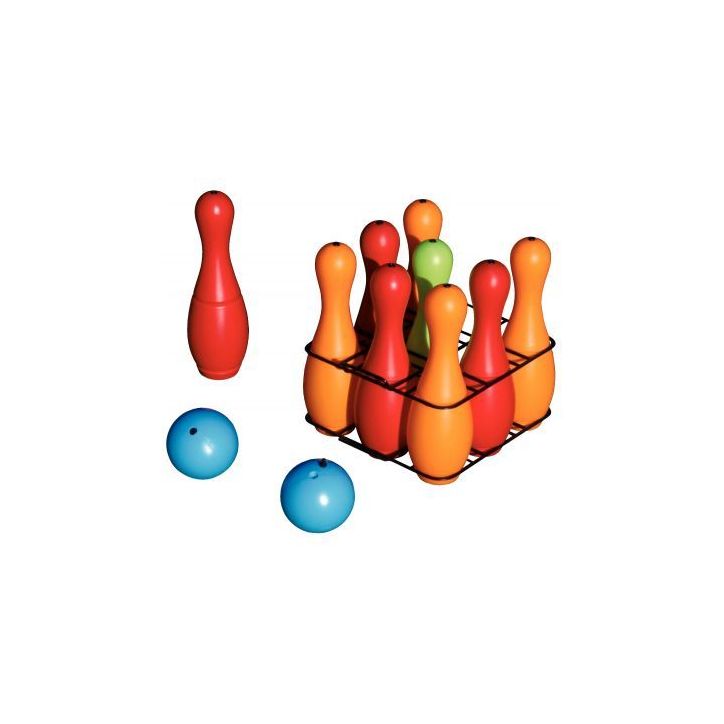 Jeu de bowling 9 quilles en plastique + 2 boules - 4 couleurs assorties Hauteur 27 cm 001629