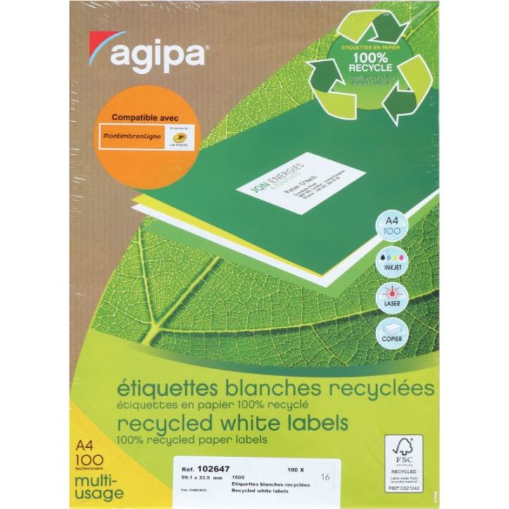 Boîte de 1600 étiquettes multi-usages blanches recyclées 99,1x33,9mm 000102647 AGIPA