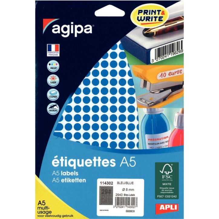 Etui de 2940 pastilles adhésives diamètre 8 mm bleu 114302 AGIPA