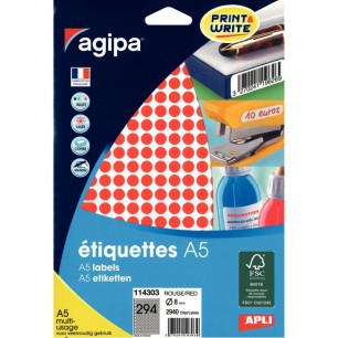 Etui de 2940 pastilles adhésives diamètre 8 mm rouge 114303 AGIPA Etui de 2940 pastilles adhésives diamètre 8 mm rouge 114303 AGIPA