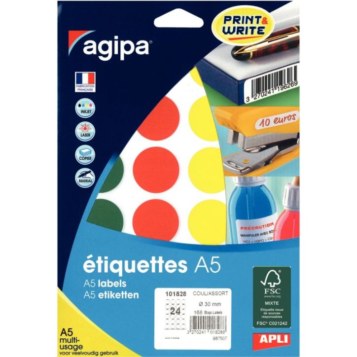 Etui de 168 pastilles de couleur diamètre 30mm coloris assortis 101828 AGIPA