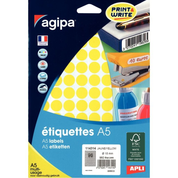 Etui de 960 pastilles adhésives diamètre 15 mm jaune 114314 AGIPA