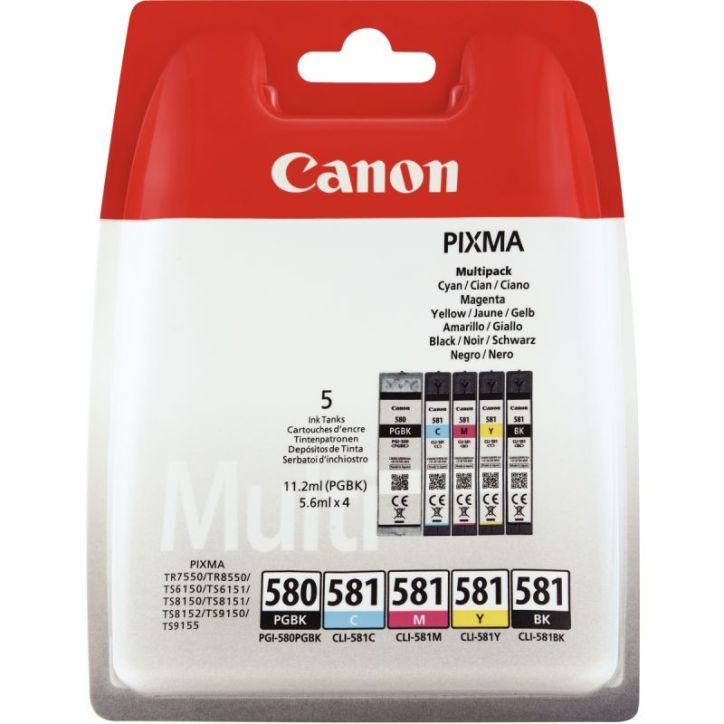 Lot de 5 cartouches jet d'encre à la marque CANON PGI580/CLI581 noire et couleurs 580 / 581 CASPI2078C005BU C(...)