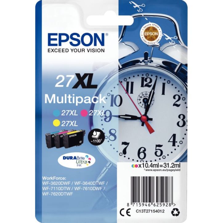 Lot de 3 cartouches jet d'encre à la marque Epson T271540 couleurs haute capacité Réveil EPSPIT27154012BU E(...)