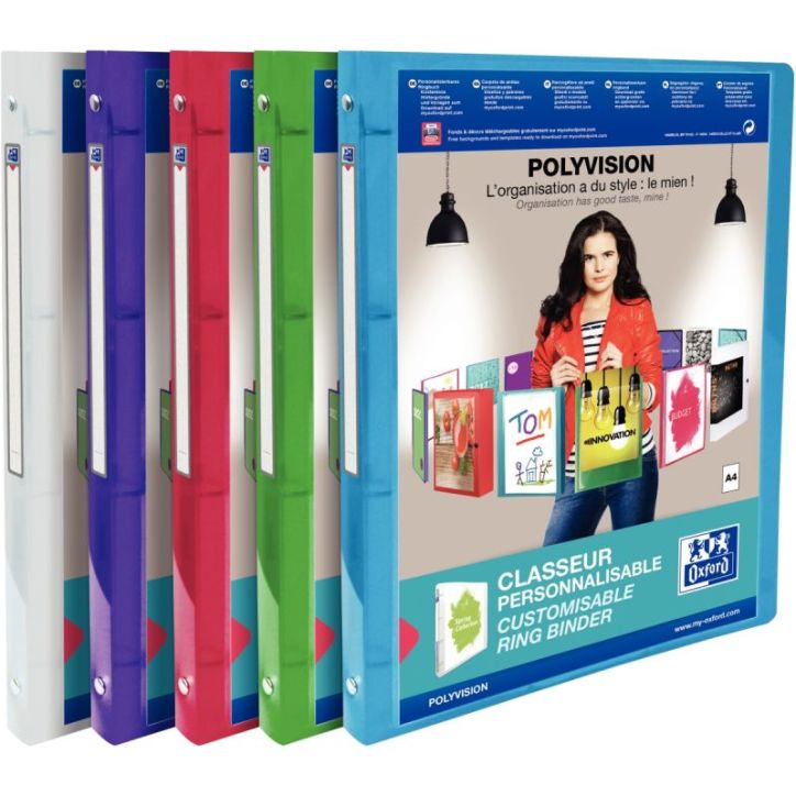 OXFORD Classeur OXFORD POLYVISION A4 dos 20 mm 4 anneaux ronds en PP translucide assorti