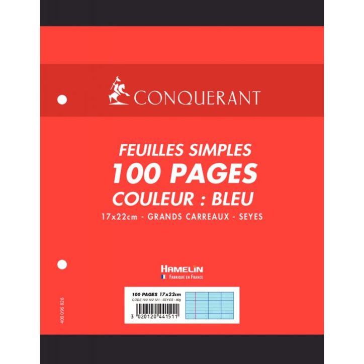 Sachet de 50 feuillets mobiles 17x22 cm seyès 80g, bleu 100102121 HAMELIN