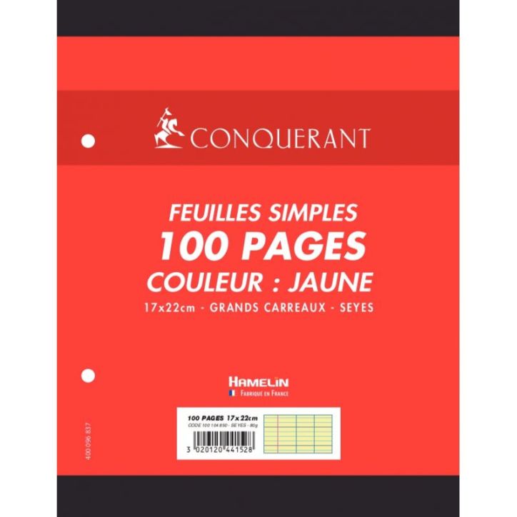 Sachet de 50 feuillets mobiles 17x22 cm seyès 80g, jaune 100104850 HAMELIN