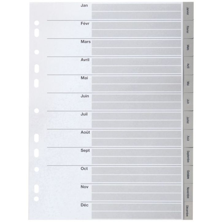 PERGAMY Jeu 12 intercalaires mensuels Janvier-Décembre polypropylène format A4. Coloris Blanc