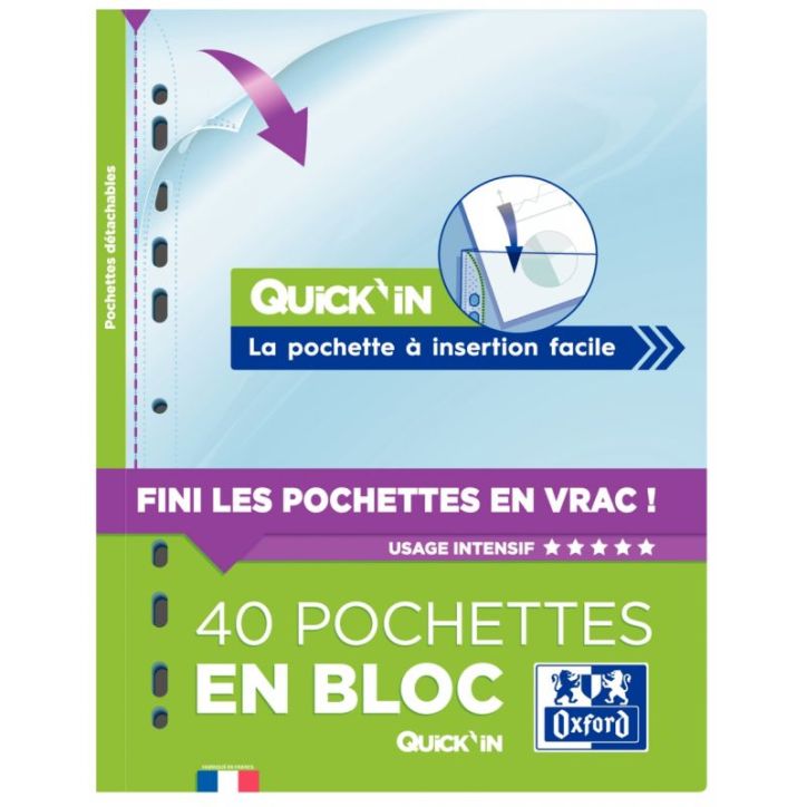 OXFORD Bloc de 40 pochettes perforées Quick' In A4 en polypropylène 9/100e lisse incolore