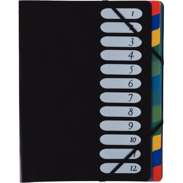 Trieur en polypropylène 12 compartiments, fermeture par élastiques, couverture coloris noir 74612