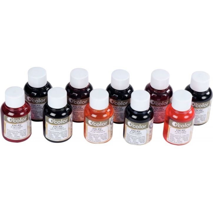 Coffret de 10 flacons de 60 ml d'encre à dessiner coloris assortis EAD10X60PET_00/28546 O'COLOR