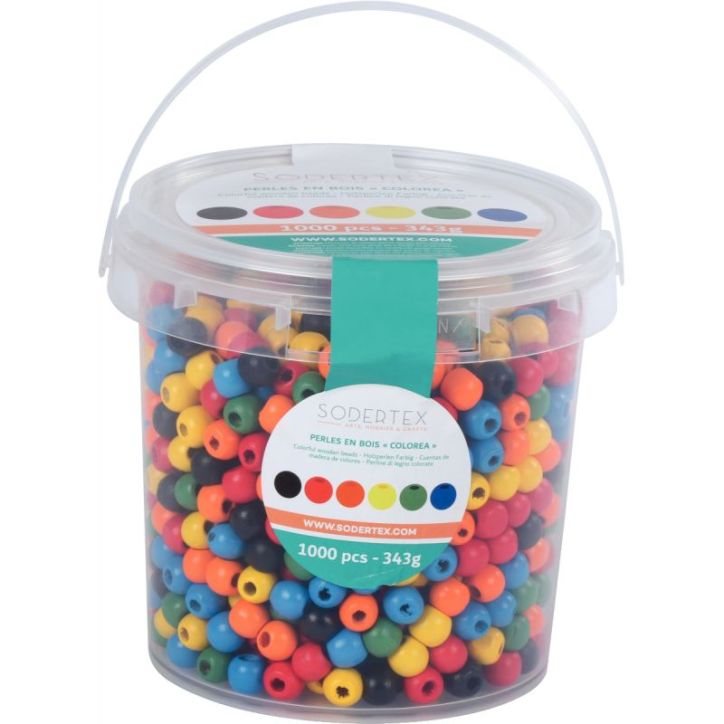 Seau de 1 100 perles en bois multicolores assorties diamètre 10 mm 2044