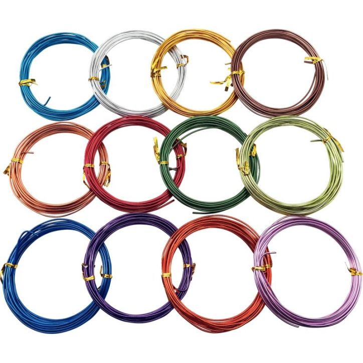 Lot de 12 fils alu de couleurs, 2mmx5m, 12  assortis : noir, bleu clair, bleu foncé, marron, jaune, vert fonc(...)