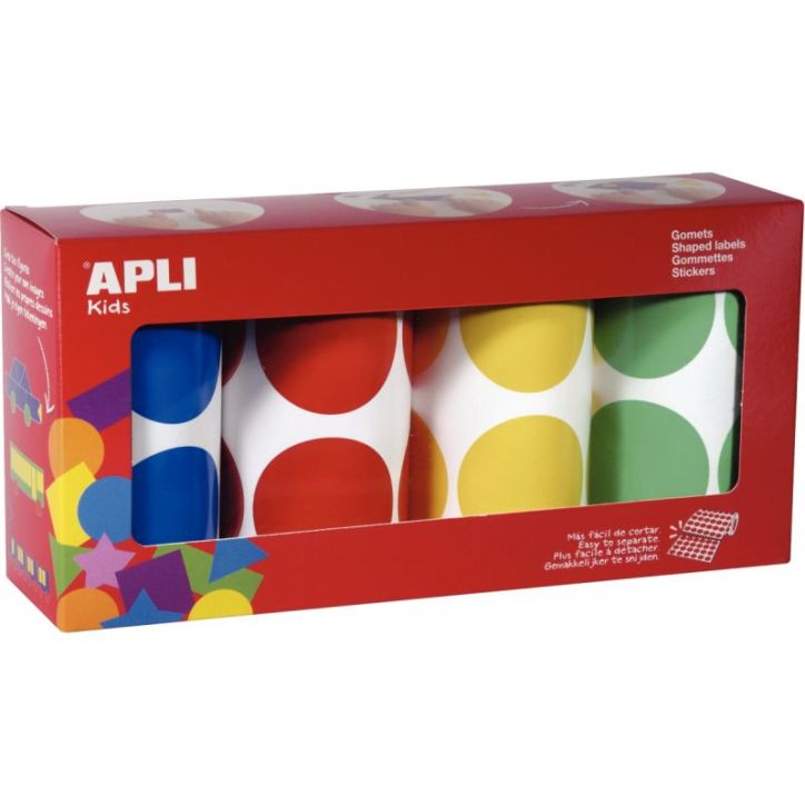 Lot de 4 rouleaux de maxi gommettes adhésives rondes diamètre 45mm, couleurs vives assorties 17634 APLI