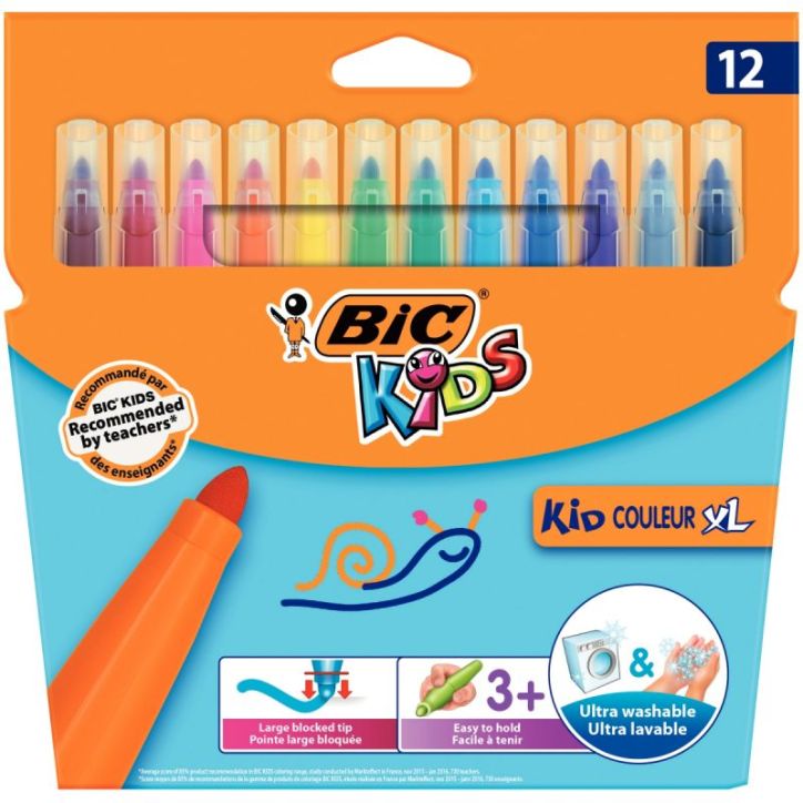 Lot de 12 pochettes de 12 feutres Kid couleurs XL pointe extra large dont 3 gratuites 946015 BIC