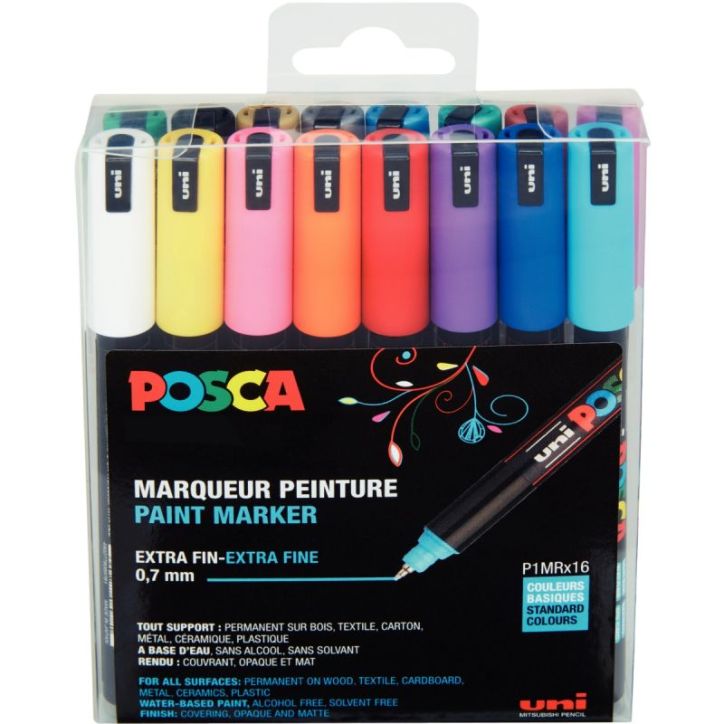 Pochette 16 marqueurs Posca pointe extra fine 0,7mm couleurs assorties PC1MR/16 POSCA UNIBALL