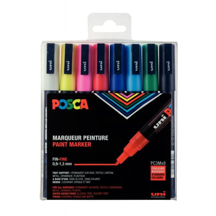 Pochette de 8 marqueurs pointe fine conique 1,5 mm couleurs assorties PC3M/8 POSCA UNIBALL