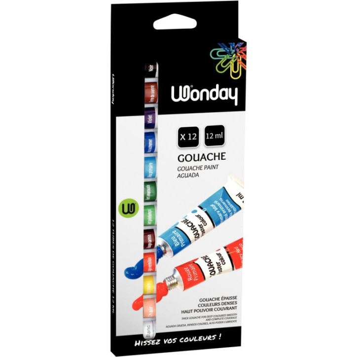 Boîte de 12 tubes 12ml de gouache en pâte, couleurs assorties APN400192 WONDAY