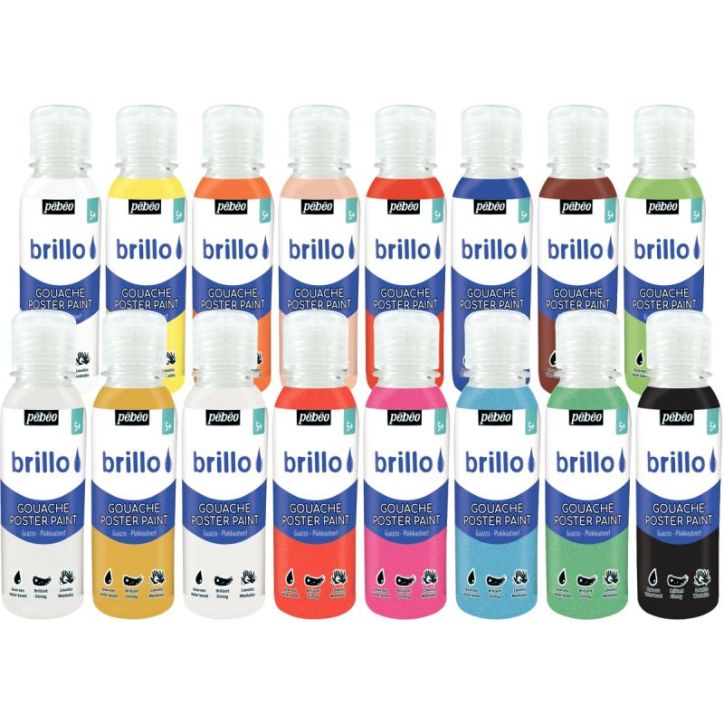 Carton de 16 flacons de 150 ml de gouache brillante BRILLO couleurs assorties 386292 BRILLO PEBEO