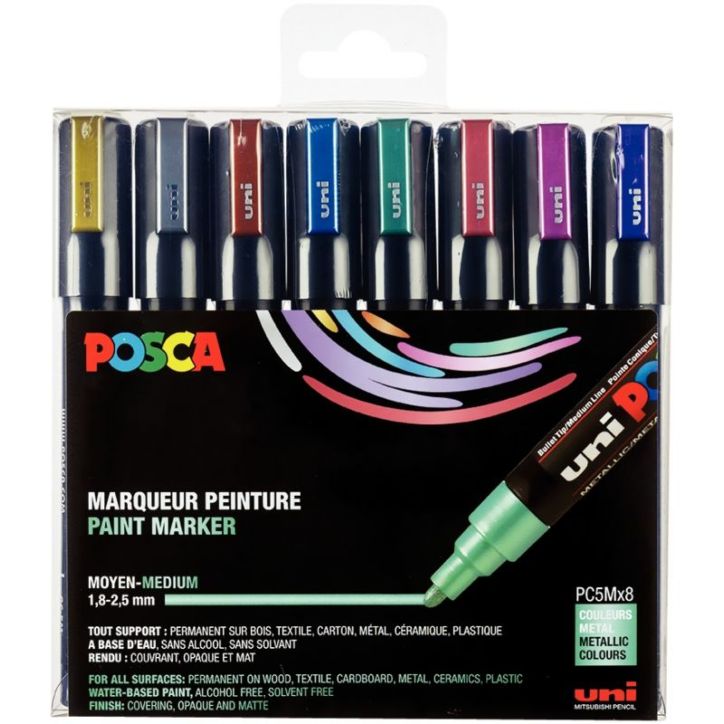 Pochette de 8 marqueurs pointe moyenne métal assortis PC5M/8METAL09 POSCA UNIBALL