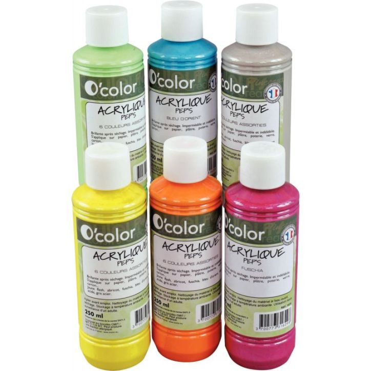 Lot de 6 flacons 250 ml de peinture acrylique O'COLOR, couleurs nacrées 1731 O'COLOR