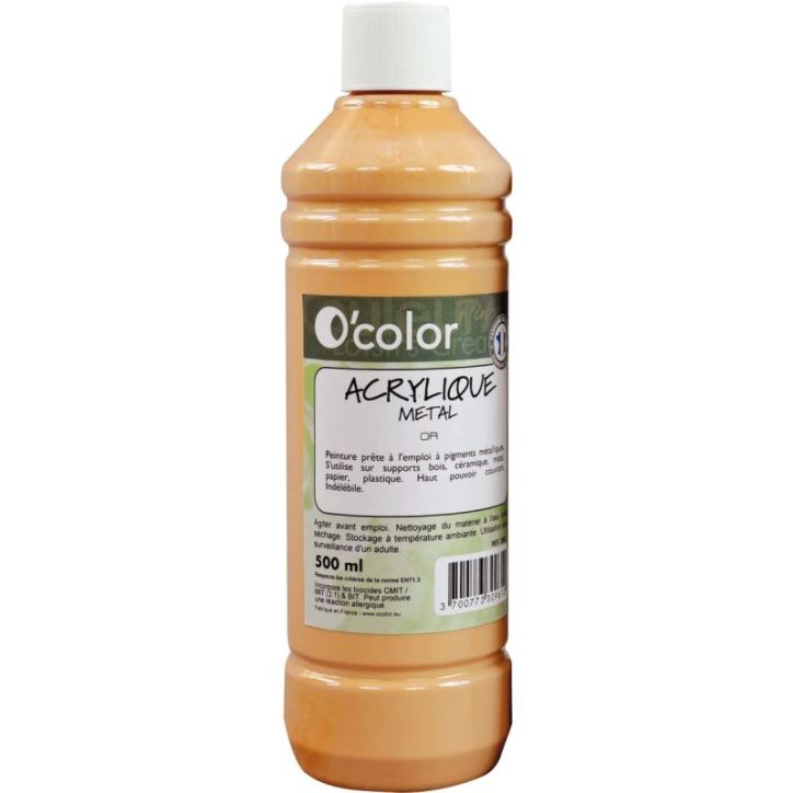 Flacon de 500 ml de peinture acrylique, coloris métallique or AME500PETOR_00/28523 O'COLOR
