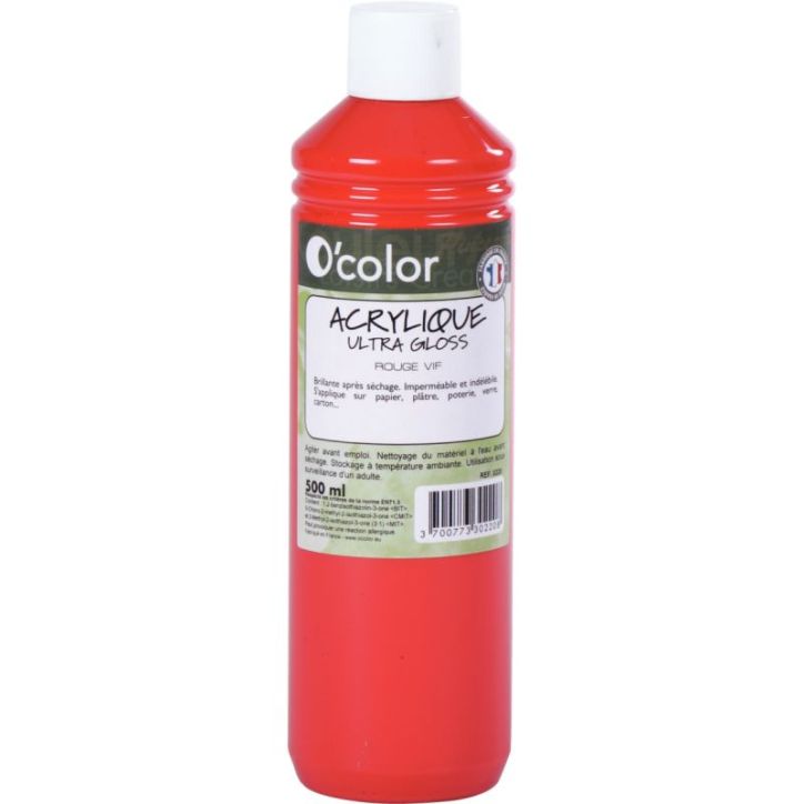 Flacon 500ml de peinture acrylique O'COLOR, rouge vif 0220 O'COLOR