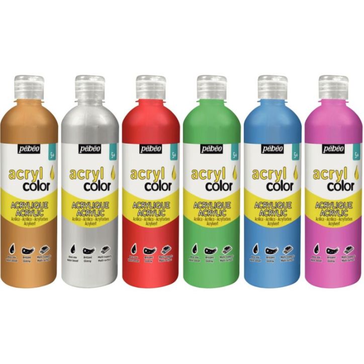 Carton de 6 flacons 500 ml de peinture ACRYLCOLOR couleurs métalliques et nacrées assorties 364791 ACRYLCOLO(...)