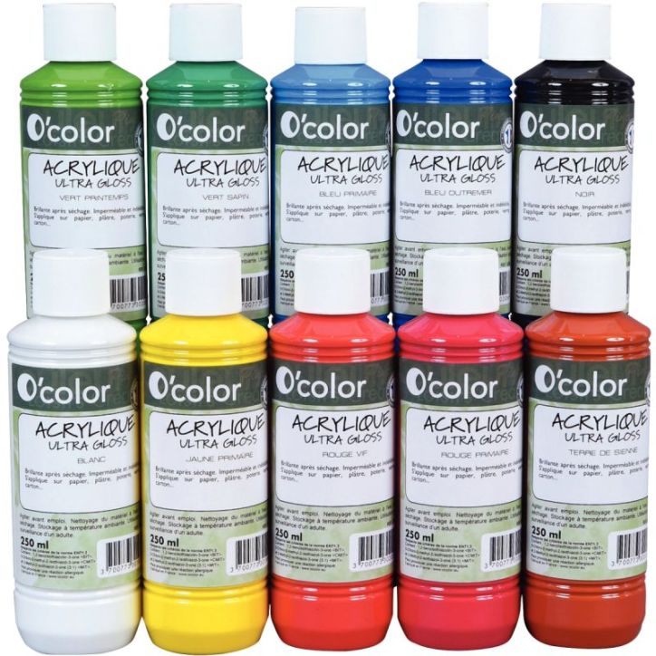 Lot de 10 flacons 250 ml de peinture acrylique O'COLOR, couleurs assorties 1582 O'COLOR