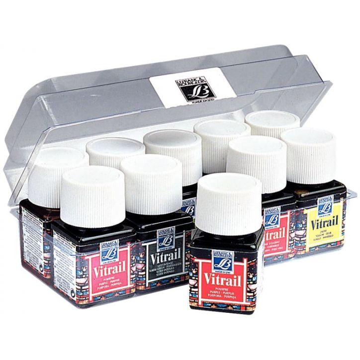 Assortiment de 10 flacons 50ml de vernis vitrail à solvant 10 couleurs assorties 210536 LEFRANC & BOURGEOIS