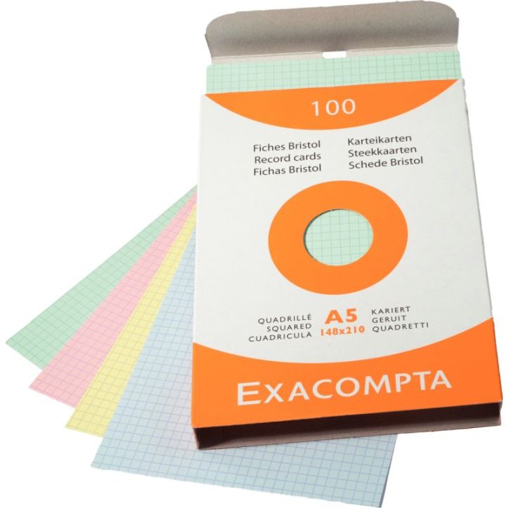 EXACOMPTA Etui de 100 fiches bristol non perforées 148x210mm (A5) quadrillées 5x5 assortis