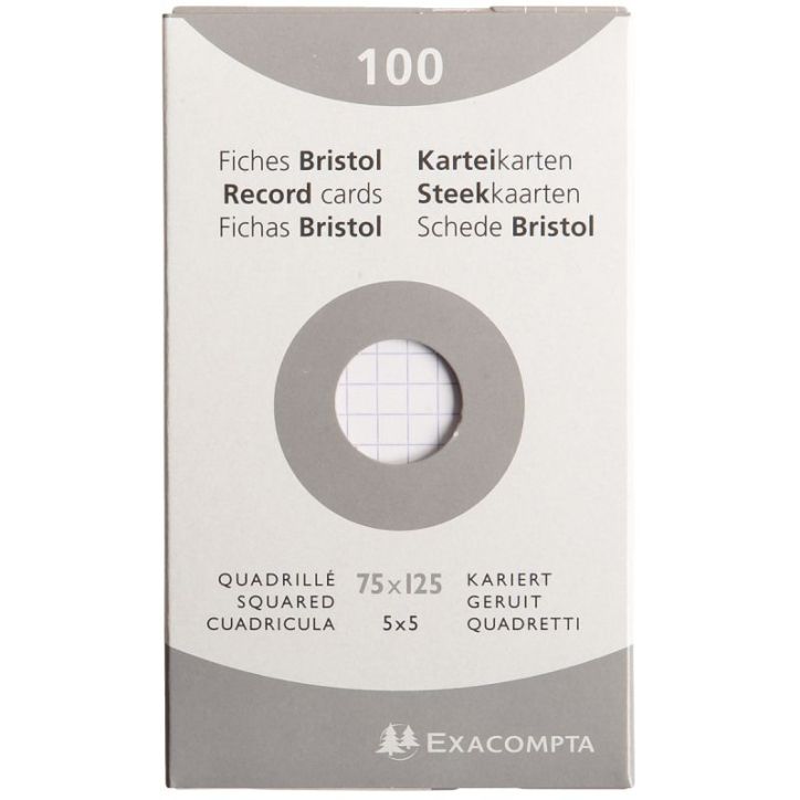 EXACOMPTA Etui de 100 fiches bristol non perforées 75x125mm (A7) quadrillées 5x5 Blanc
