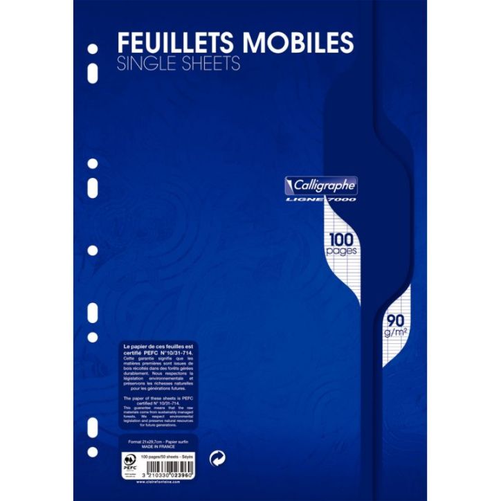 Sachet de 50 feuillets mobiles (100 pages) format 21x29,7cm séyès 90g blanc 2396C