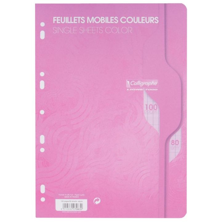 Sachet de 50 feuillets mobiles (100 pages) format 21x29,7cm séyès 80g coloris rose 7963C