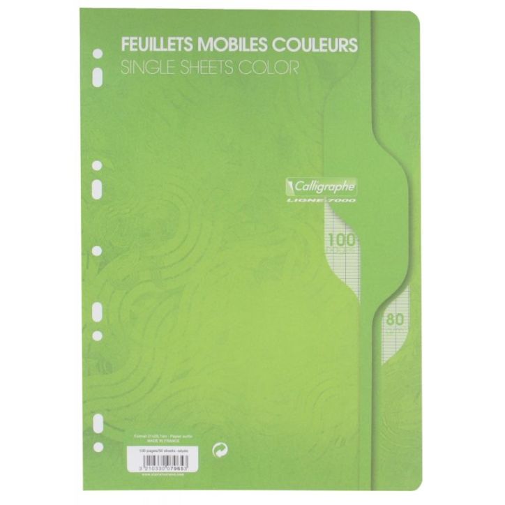 Sachet de 50 feuillets mobiles (100 pages) format 21x29,7cm séyès 80g coloris vert 7965C