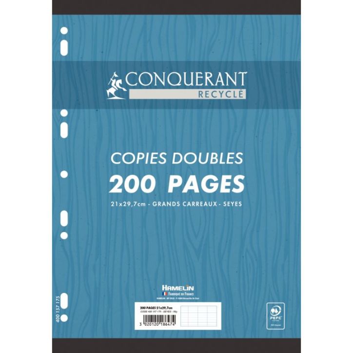 Paquet de 50 copies doubles perforées, format A4, papier recyclé 90g, seyès 400157175 CONQUERANT HAMELIN