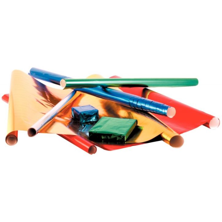 Carton de 10 rouleaux de papier métallisé 1 face 200x70cm couleurs assorties ( bleu, vert, rouge, or et arge(...)